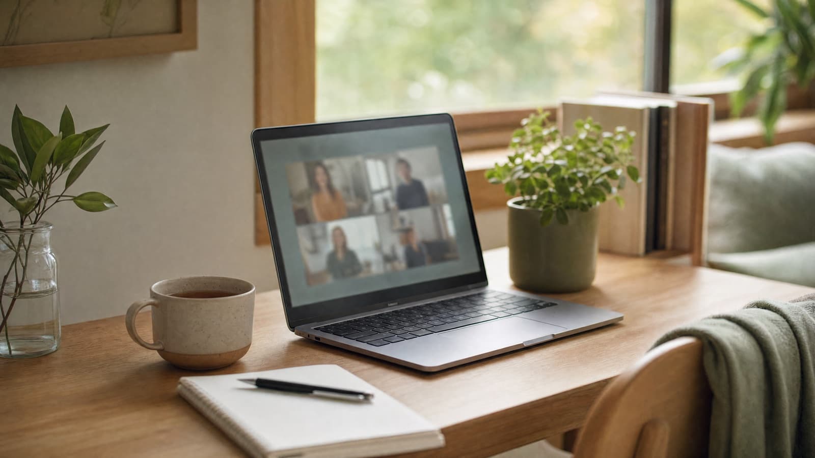 A laptop open on a calm desk in soft daylight during a telehealth visit